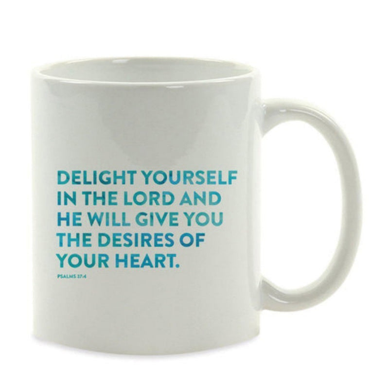 Tailorly White Ceramic 11 oz Mug - Delight Yourself In The Lord And He Will Give You The Desires Of Your Heart Psalms 37 4 Minimalist Blue Lettering Over Clean