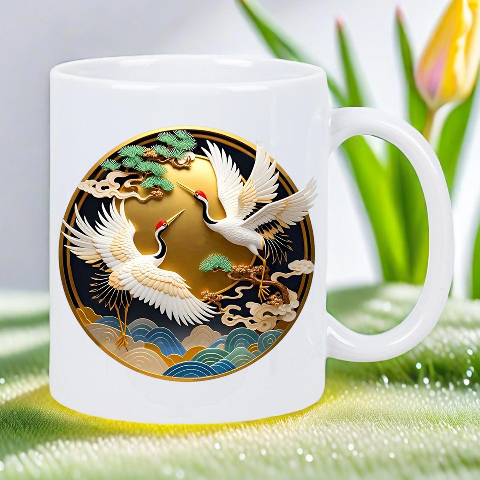Tailorly White Ceramic 11 oz Mug - Elegant White Cranes Soaring Over Golden Sky With Ancient Pine Trees Crane