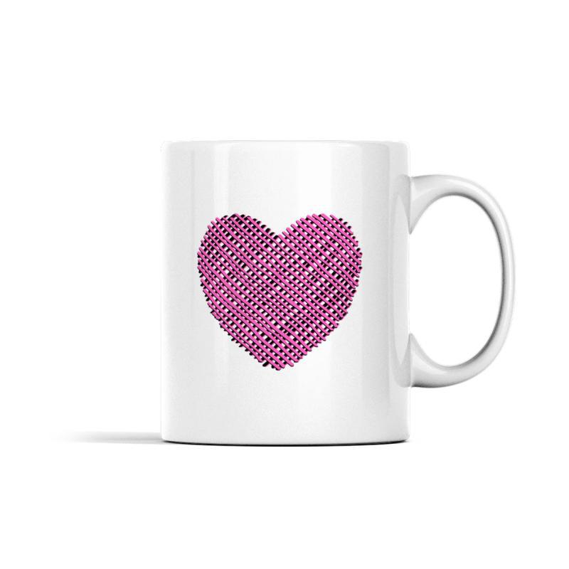 Tailorly White Ceramic 11 oz Mug - Textured Magenta Cross Hatched Artistic Pattern Centered On Minimalist Ceramic Heart
