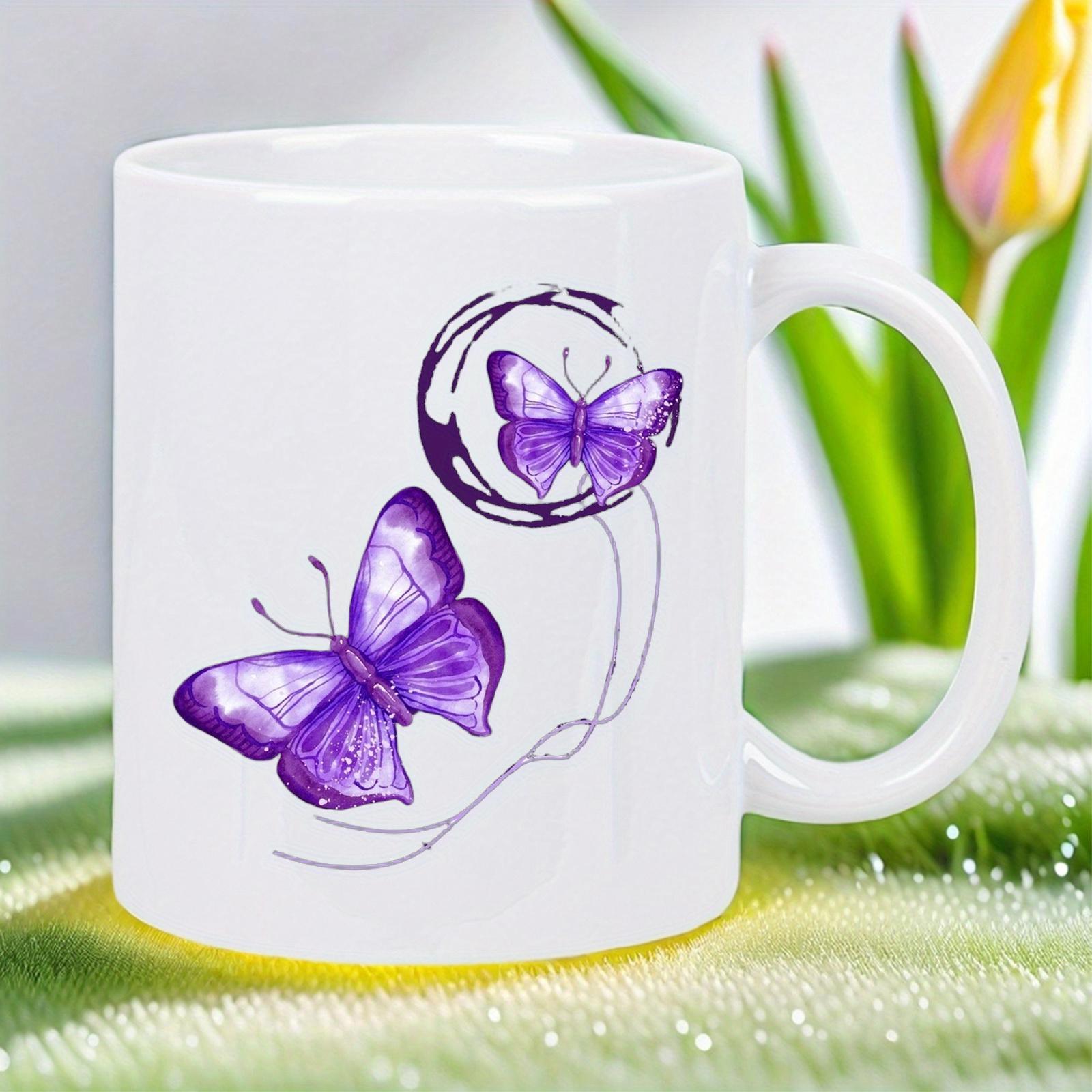 Tailorly White Ceramic 11 oz Mug - Artistic Purple Watercolor Butterflies Dancing With Elegant Swirling Lines Butterfly