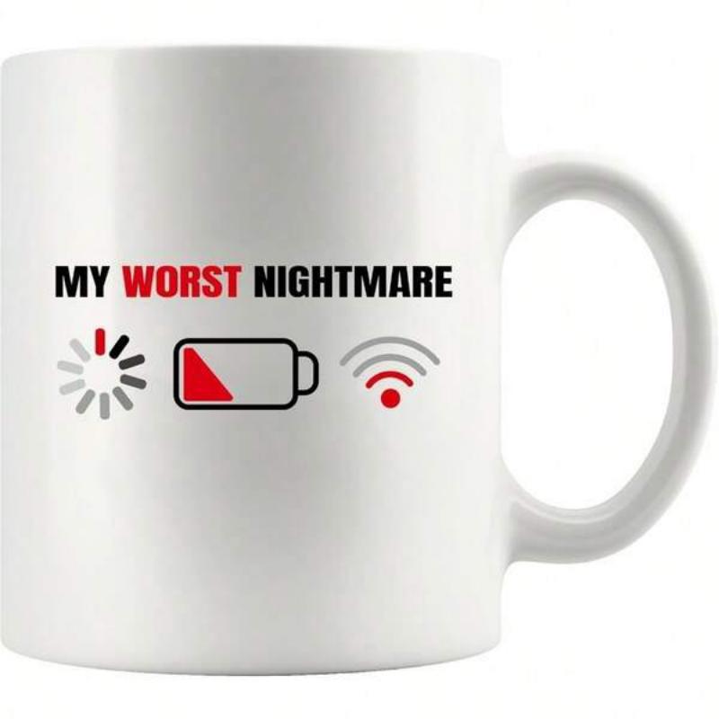 Tailorly White Ceramic 11 oz Mug - My Worst Nightmare Minimalist Digital Symbols Depicting Loading Progress And Low Battery Power Mug