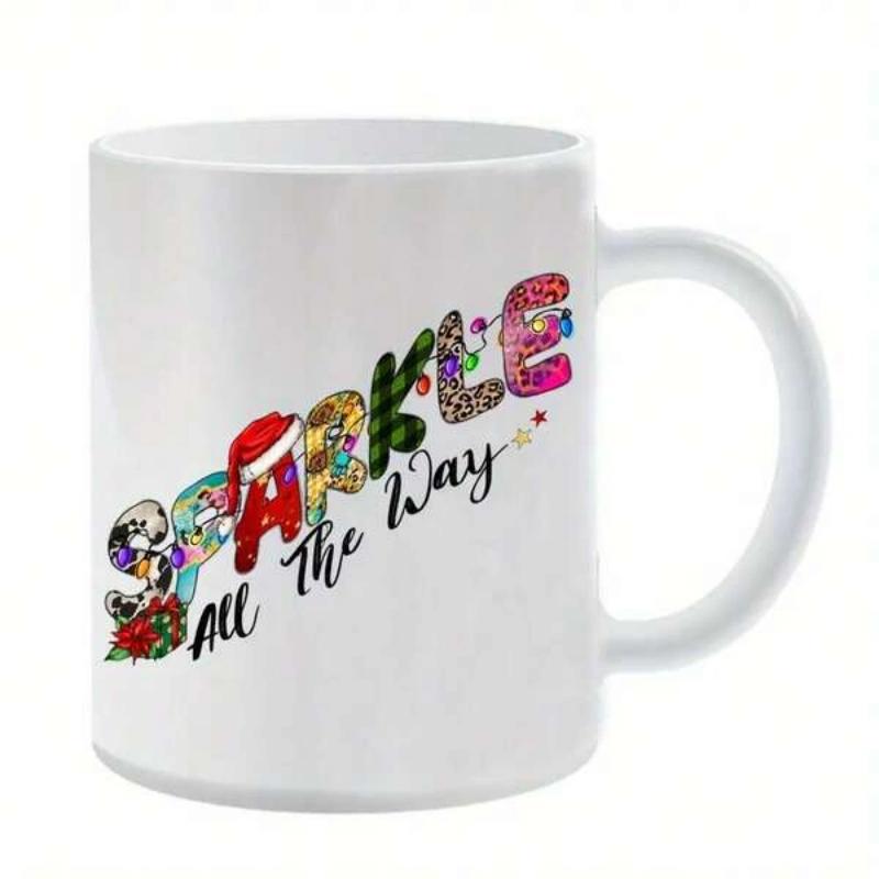 Tailorly White Ceramic 11 oz Mug - Sparkle All The Way Festive Holiday Themed Patterned Letters With Santa Hat Script Mug