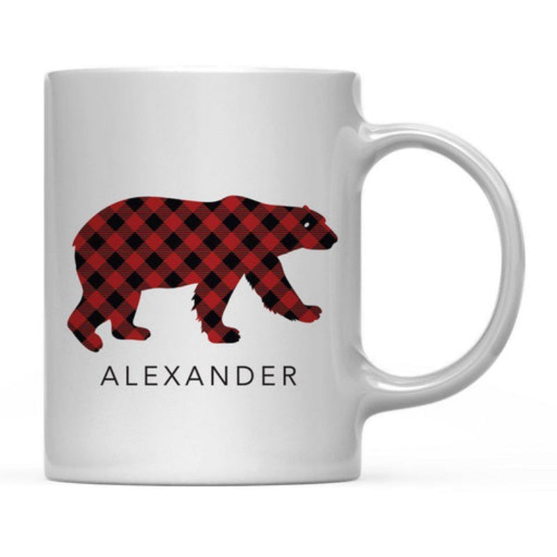 Tailorly White Ceramic 11 oz Mug - Alexander Rustic Red And Black Buffalo Plaid Pattern Walking Wild Forest Bear