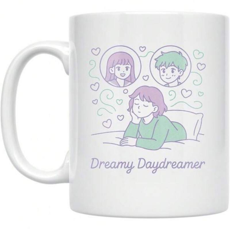 Tailorly White Ceramic 11 oz Mug - Dreamy Daydreamer Whimsical Pastel Illustration Of A Young Girl Lying Down Dreaming Amidst Floating Hearts Girl