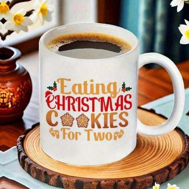 Tailorly White Ceramic 11 oz Mug - Eating Christmas Cookies For Two Festive Gingerbread Shapes With Holly Leaves And Santa Hat Decorations Cookies