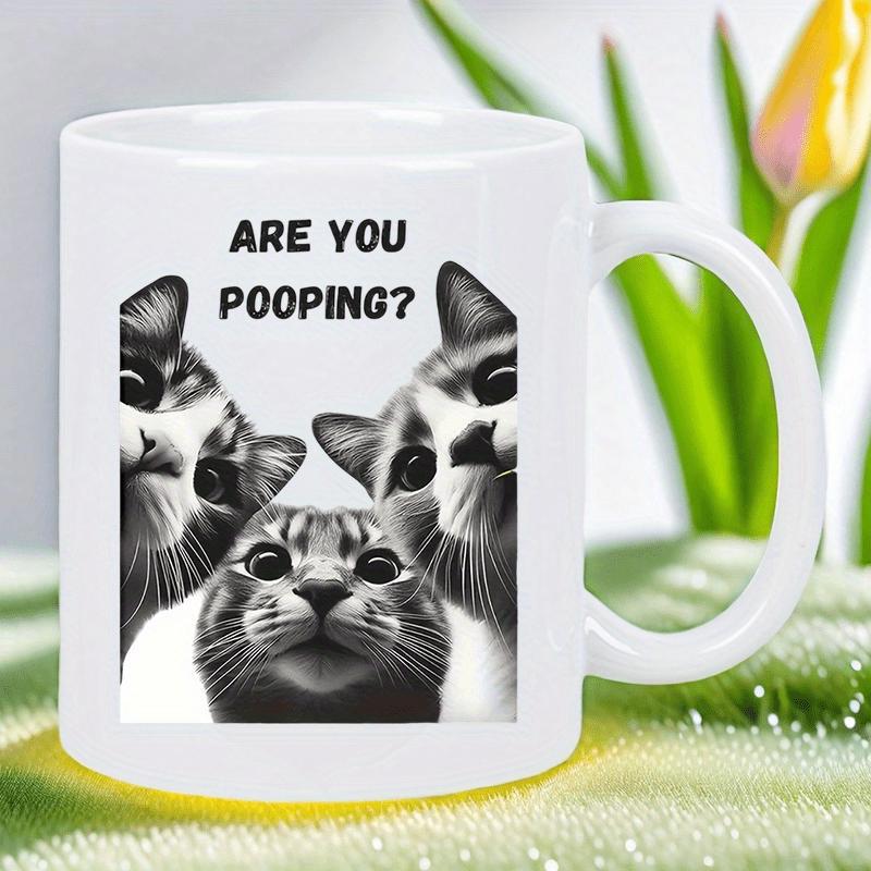 Tailorly White Ceramic 11 oz Mug - Are You Pooping Three Funny Staring Felines With Wide Curious Eyes Cat