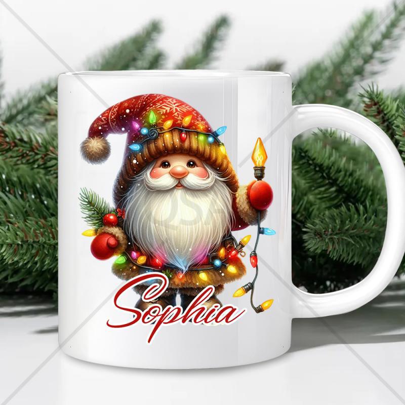 Tailorly White Ceramic 11 oz Mug - Sophia Festive Holiday Figure Wrapped In Glowing Colorful Christmas Lights Gnome