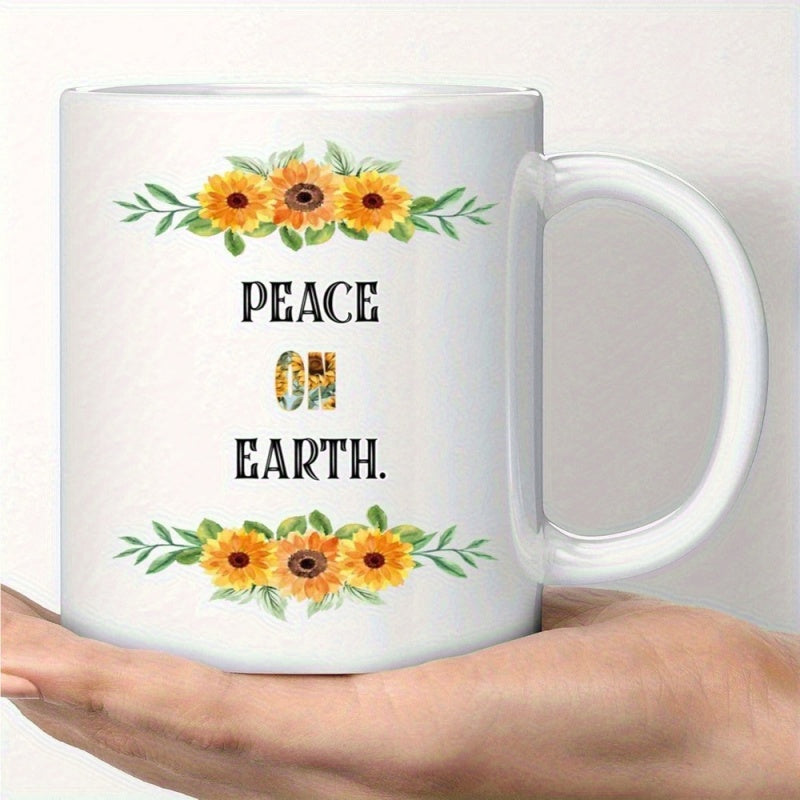 Tailorly White Ceramic 11 oz Mug - Peace On Earth Vibrant Yellow Sunflowers Surrounded By Lush Green Leaves In Elegant Symmetrical Arrangement Sunflower
