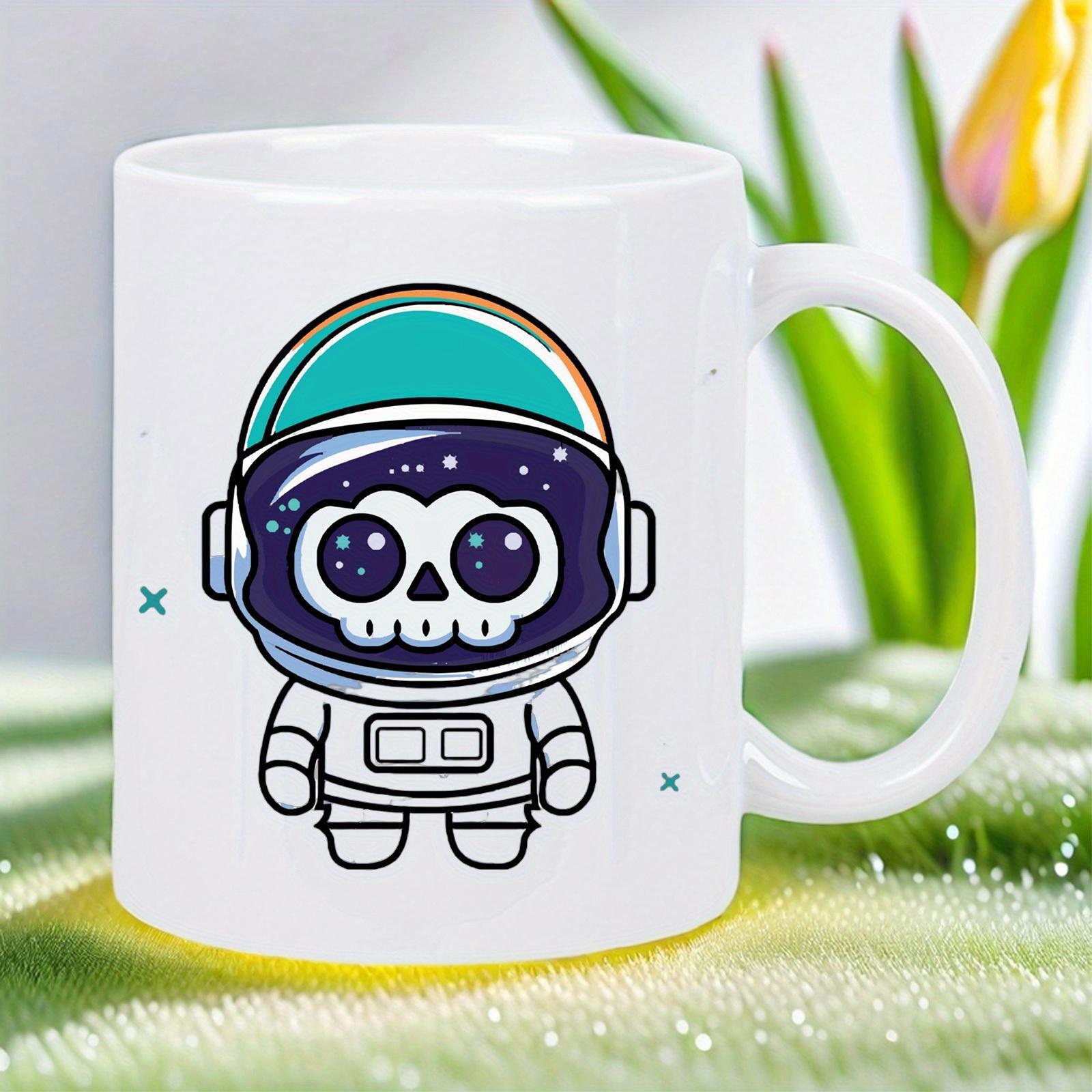 Tailorly White Ceramic 11 oz Mug - Cute Cartoon Character Wearing Teal Spacesuit Wandering Through Galactic Darkness Astronaut