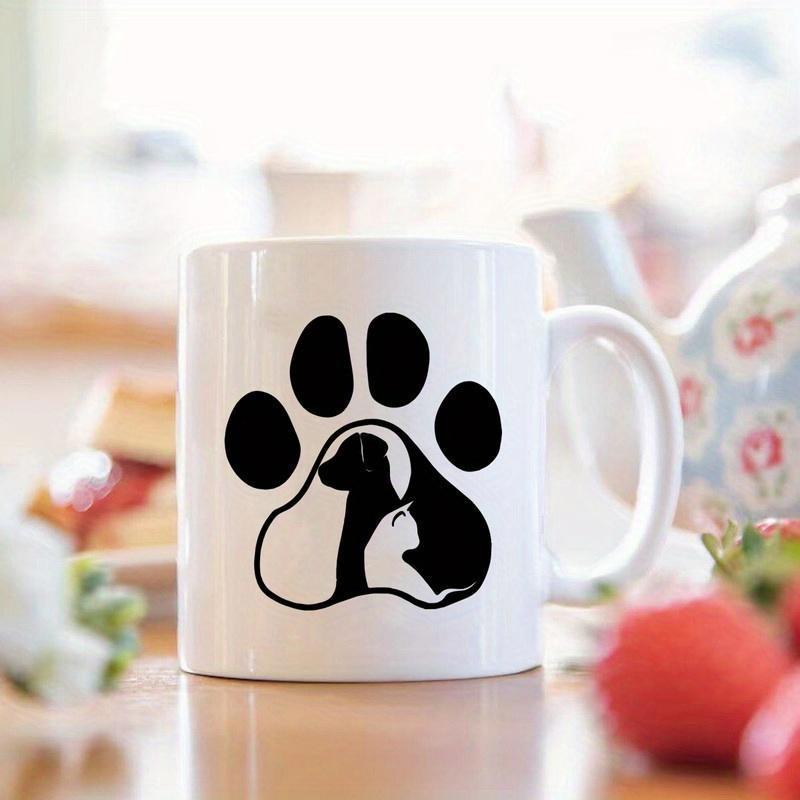 Tailorly White Ceramic 11 oz Mug - Artistic Black Animal Footprint Featuring Interior Silhouettes Of A Cat And Dog Paw