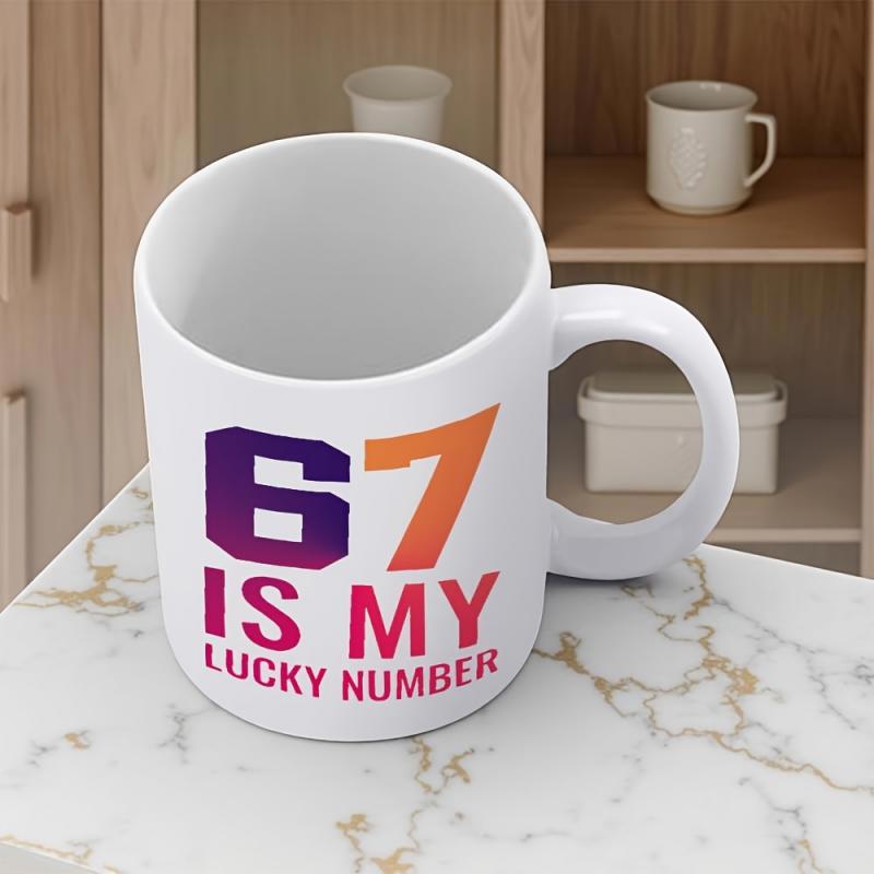 Tailorly White Ceramic 11 oz Mug - 67 Is My Lucky Number Bold Gradient Numbers In Vibrant Colors Minimalist Modern Clean Mug