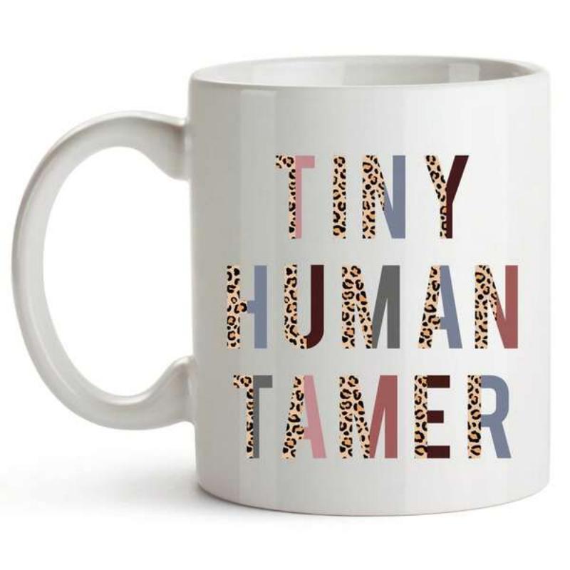 Tailorly White Ceramic 11 oz Mug - Tiny Human Tamer Stylish Leopard Print Letters With Earthy Tones For Modern Nursery Sign