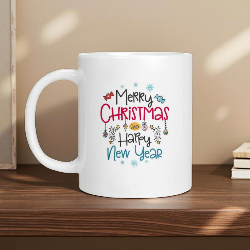 Tailorly White Ceramic 11 oz Mug - Merry Christmas Happy New Year Festive Holiday Ornaments With Colorful Candies And Snowflakes On