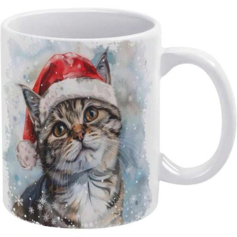 Tailorly White Ceramic 11 oz Mug - Festive Watercolor Tabby Wearing Red Santa Hat In Snowy Winter Cat