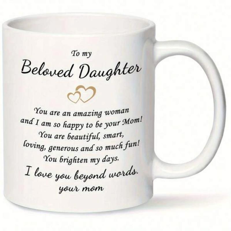 Tailorly White Ceramic 11 oz Mug - To My Beloved Daughter I Love You Beyond Words Interlocking Outlined Golden Shapes Floating On A Clean White Surface Heart