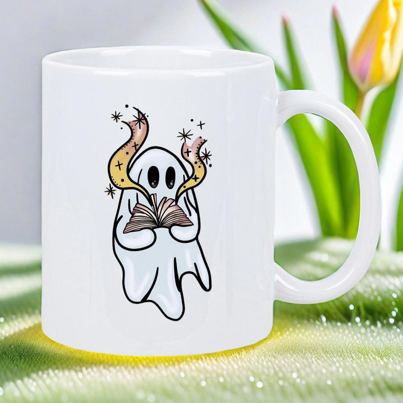 Tailorly White Ceramic 11 oz Mug - Mystical Little White Spirit Reading An Enchanted Book With Twinkling Stars Ghost