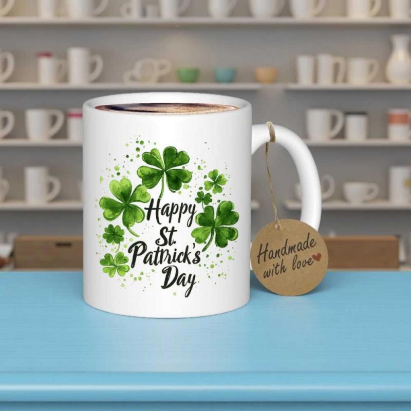 Tailorly White Ceramic 11 oz Mug - Happy St Patricks Day Vibrant Watercolor Green Shamrocks With Splatter Accents Celebrating Lucky Irish Holiday Shamrock
