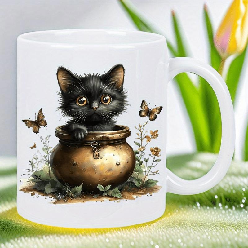 Tailorly White Ceramic 11 oz Mug - Adorable Little Fluffy Black Creature Inside Vintage Golden Pot With Butterflies Kitten