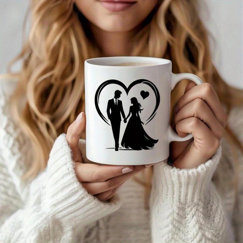 Tailorly White Ceramic 11 oz Mug - Elegant Silhouette Of Romantic Bride And Groom Standing Inside Large Heart Couple