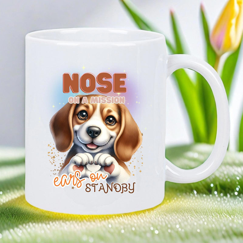 Tailorly White Ceramic 11 oz Mug - Nose On A Mission Ears On Standby Adorable Puppy Making Heart Shape With Paws In Cute Illustration Beagle