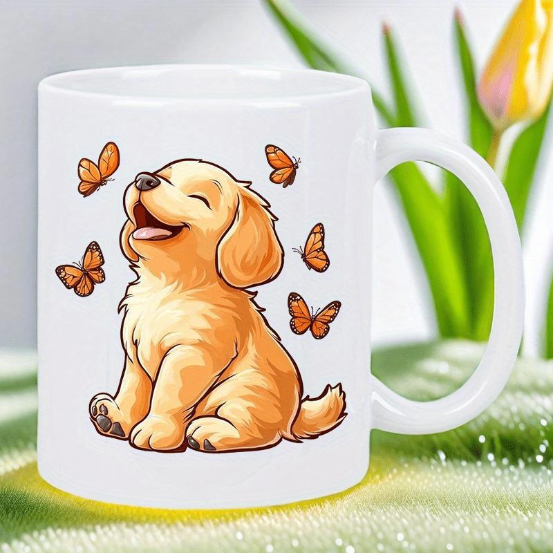 Tailorly White Ceramic 11 oz Mug - Adorable Smiling Golden Retriever Sitting Peacefully Surrounded By Orange Fluttering Butterfly Puppy