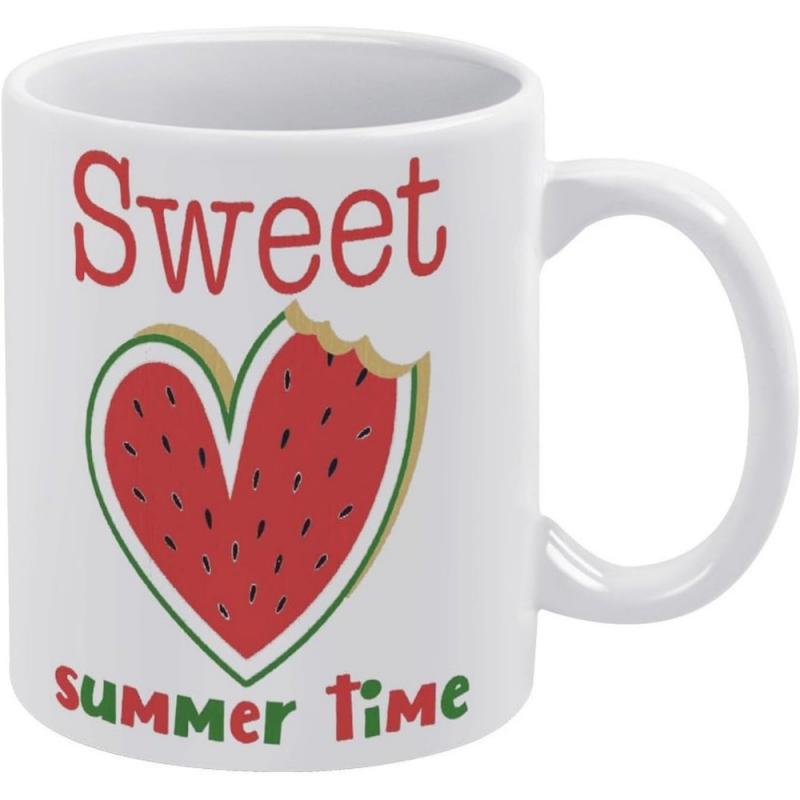 Tailorly White Ceramic 11 oz Mug - Sweet Summer Time Heart Shaped Slice With Small Bite Mark Watermelon