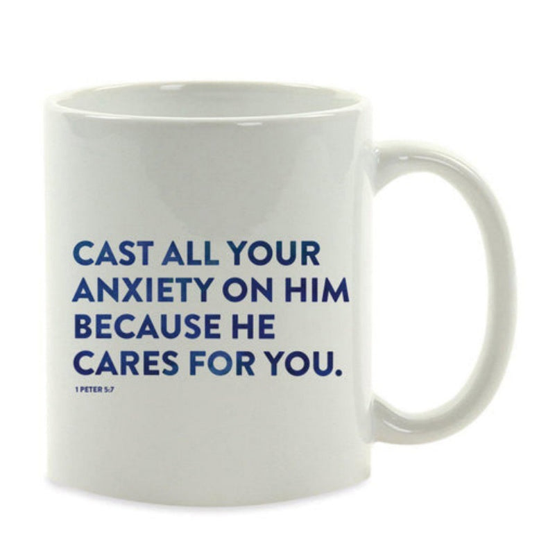 Tailorly White Ceramic 11 oz Mug - Cast All Your Anxiety On Him Because He Cares For You 1 Peter 5 7 Pure Displaying Inspiring Religious Bible Verse Quotes Smooth