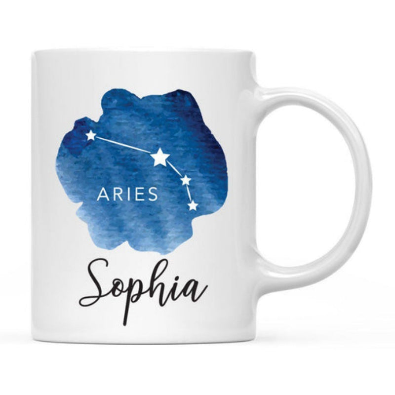 Tailorly White Ceramic 11 oz Mug - Aries Sophia Deep Blue Watercolor Splash Featuring Sparkling White Stars Forming A Celestial Constellation