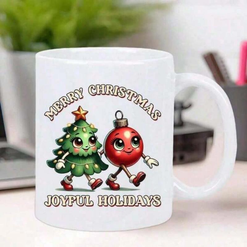 Tailorly White Ceramic 11 oz Mug - Merry Christmas Joyful Holidays Smiling Cartoon Tree Walking With A Cute Bauble Characters