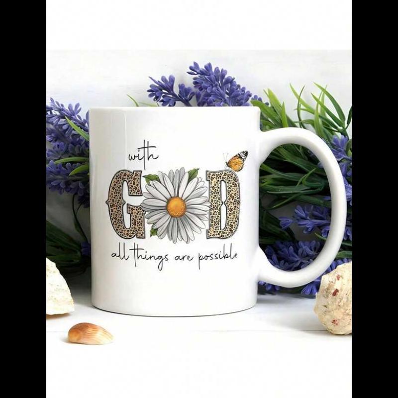 Tailorly White Ceramic 11 oz Mug - With God All Things Are Possible Blooming White Daisy Petals With Leopard Print Texture And Small Butterfly Daisy