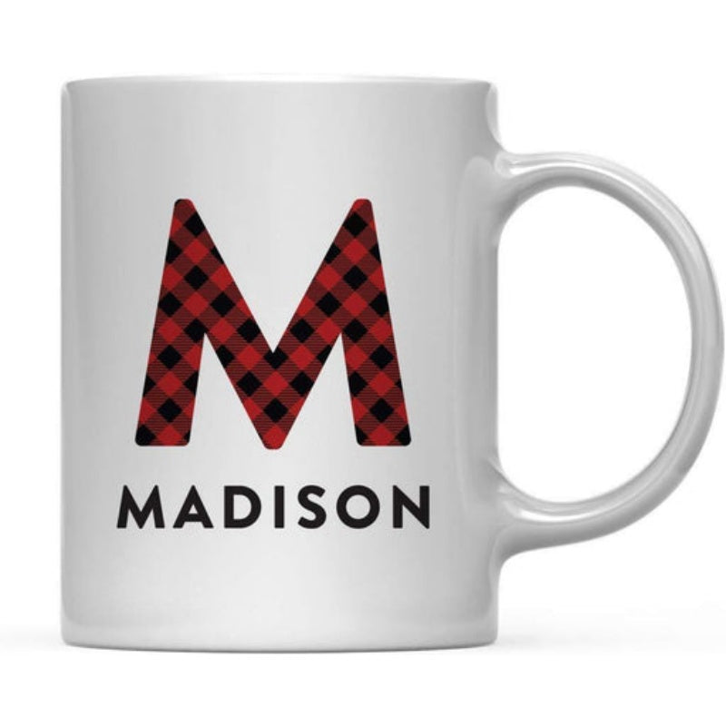 Tailorly White Ceramic 11 oz Mug - Madison Buffalo Checkered Pattern Featuring A Large Bold Red And Black Initial Letter