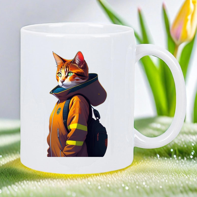 Tailorly White Ceramic 11 oz Mug - Stylish Urban Feline Wearing Vibrant Yellow Hoodie With Small Black Backpack Cat