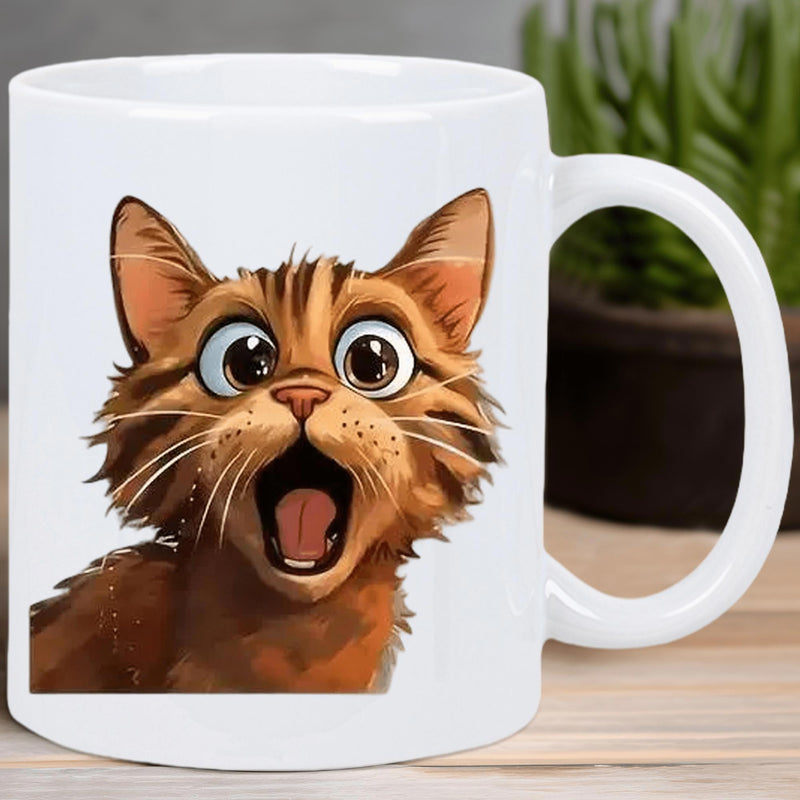 Tailorly White Ceramic 11 oz Mug - Cute Surprised Ginger Featuring Wide Round Eyes And An Open Mouth Cat