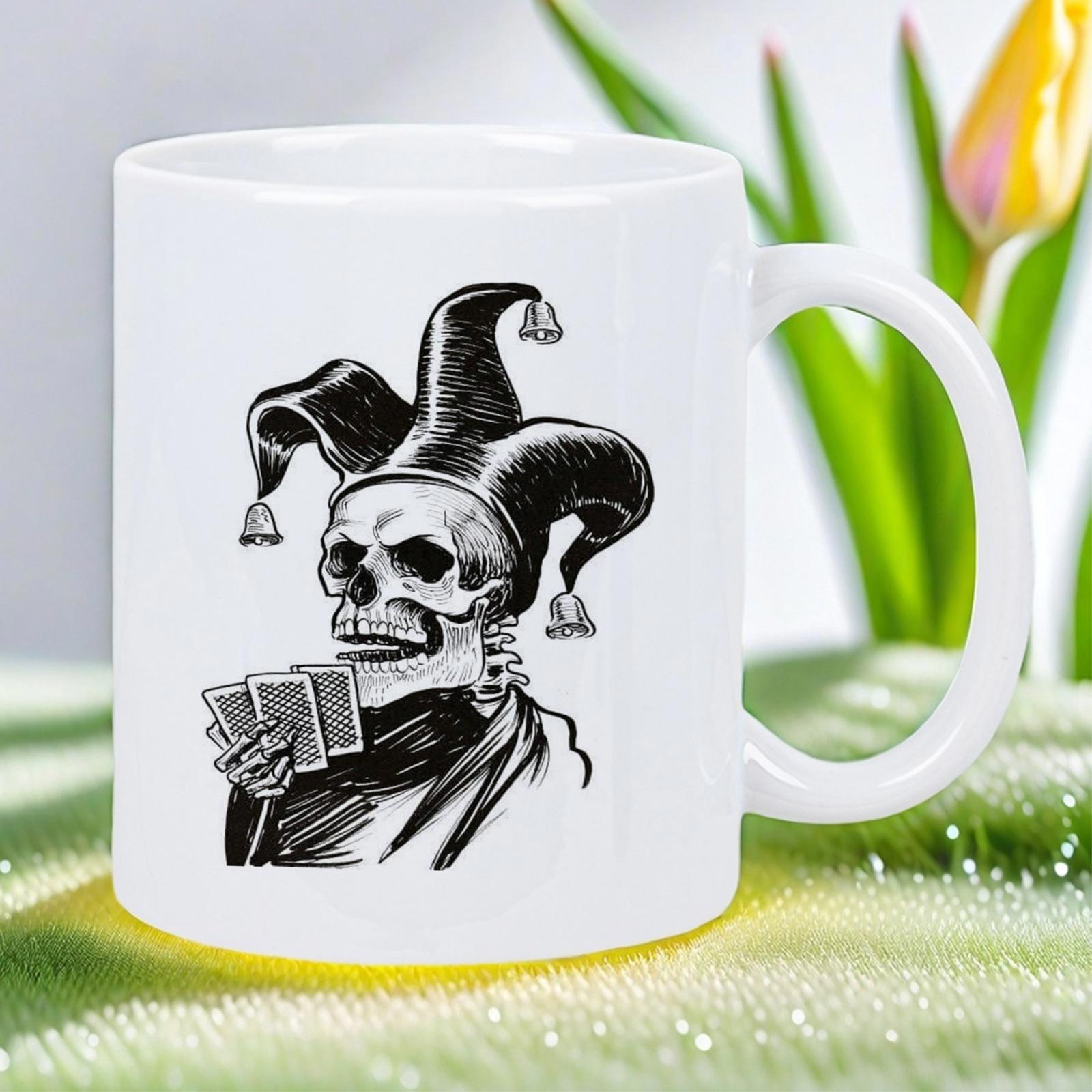 Tailorly White Ceramic 11 oz Mug - Gothic Monochrome Illustration Of A Smiling Skeleton Jester Holding Playing Cards Skull