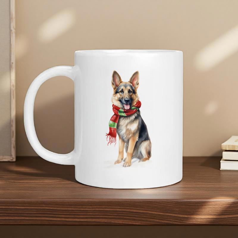 Tailorly White Ceramic 11 oz Mug - Watercolor Style Festive Canine Sitting Peacefully Wearing Colorful Holiday Scarf German Shepherd