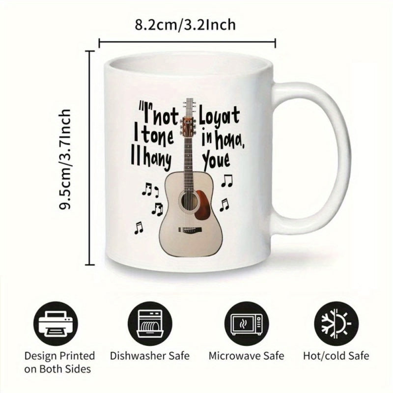 Tailorly White Ceramic 11 oz Mug - Wooden Acoustic Guitar With Floating Melodic Notes In A Minimalist Style Guitar