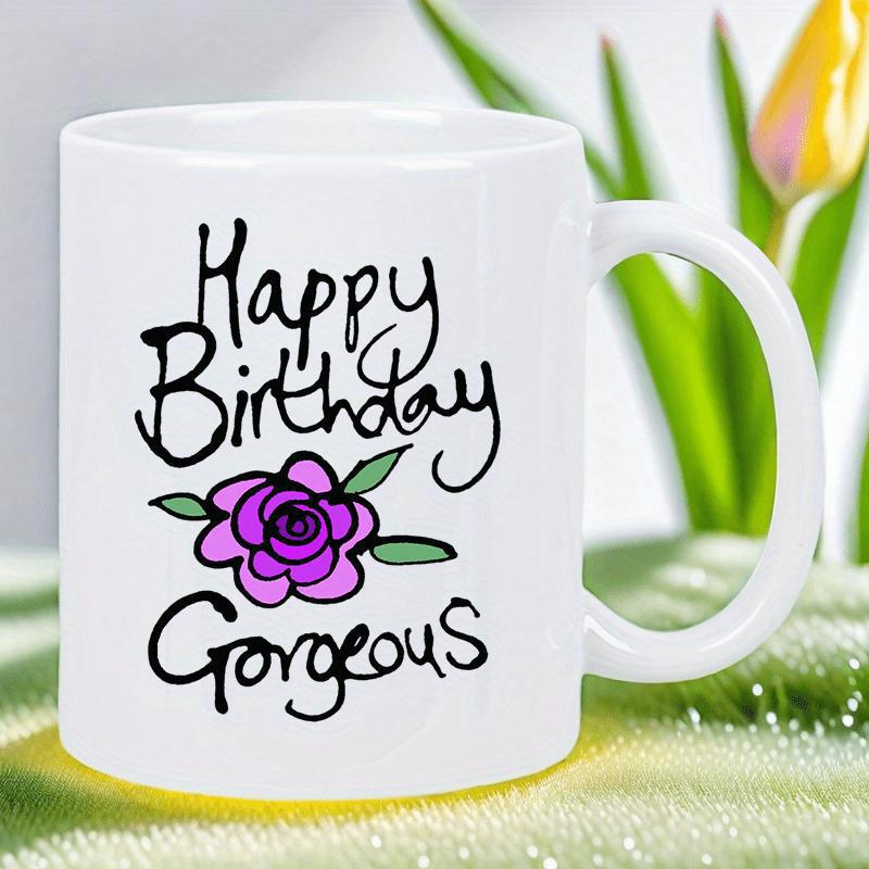 Tailorly White Ceramic 11 oz Mug - Happy Birthday Gorgeous Vibrant Purple Rose Blooming With Green Leaves On White Ceramic Flower