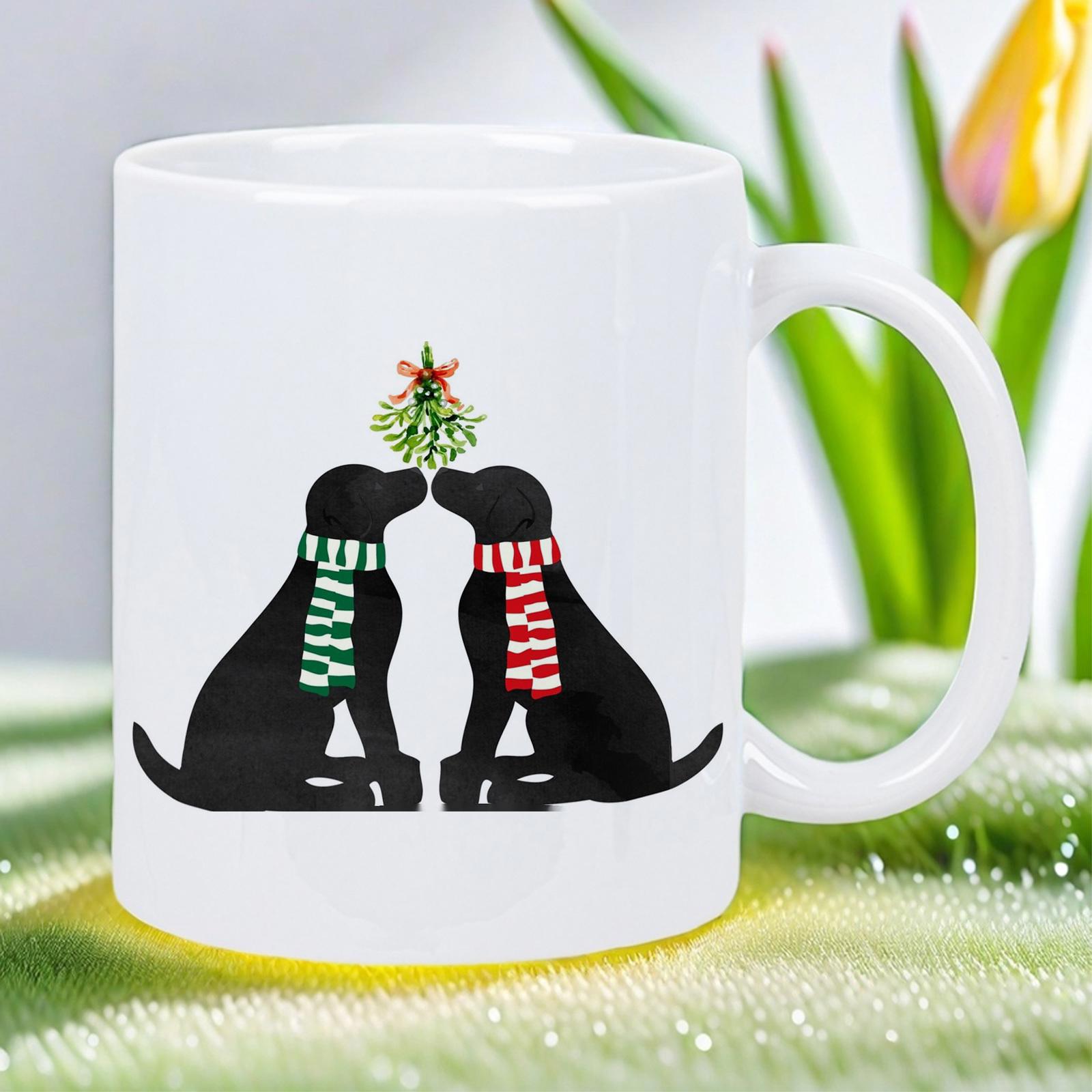 Tailorly White Ceramic 11 oz Mug - Two Black Dogs Wearing Festive Scarves Under A Mistletoe Ornament Dog
