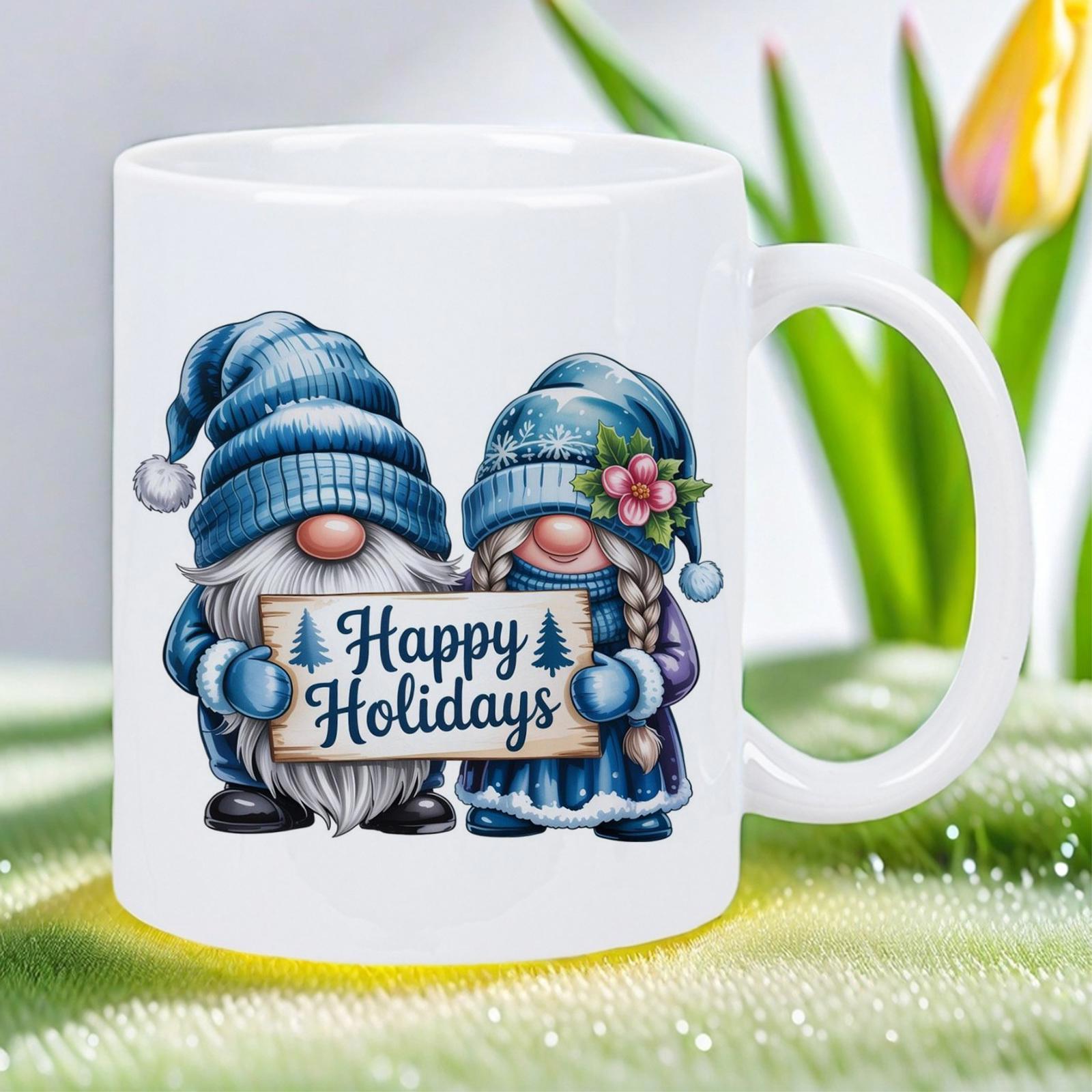 Tailorly White Ceramic 11 oz Mug - Happy Holidays Two Festive Gnomes Holding A Sign In Winter Gnome