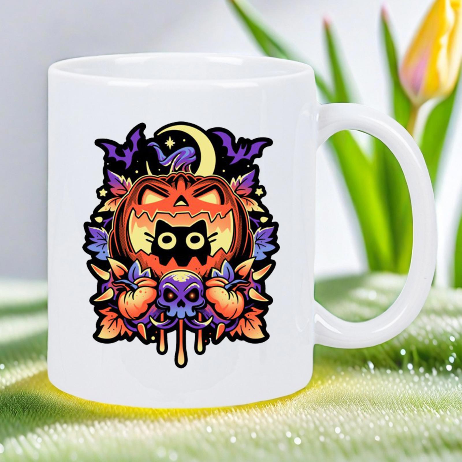 Tailorly White Ceramic 11 oz Mug - Spooky Night With Bats And Glowing Skull Surrounding A Pumpkin