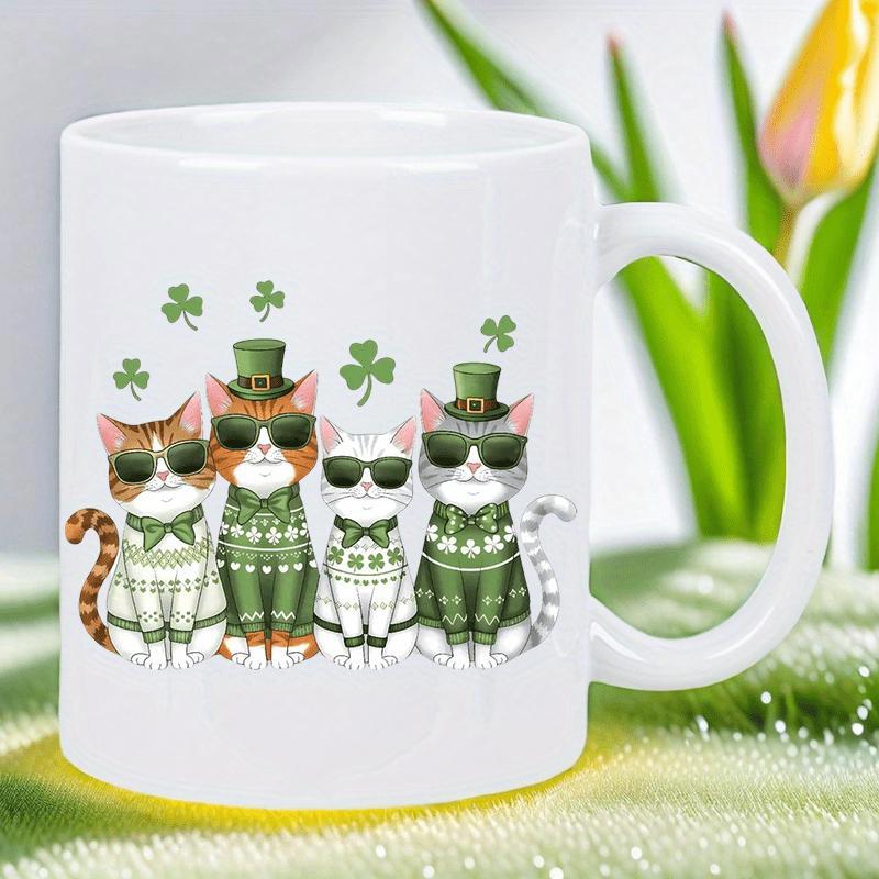 Tailorly White Ceramic 11 oz Mug - Festive Kittens In Green Outfits And Sunglasses Among Many Lucky Clover Cats