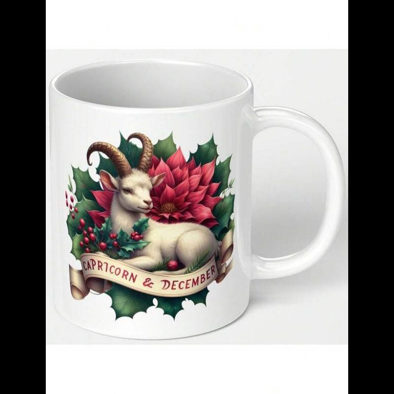 Tailorly White Ceramic 11 oz Mug - Capricorn December Serene White Goat Resting Among Blooming Red Flowers And Holly Leaves Goat