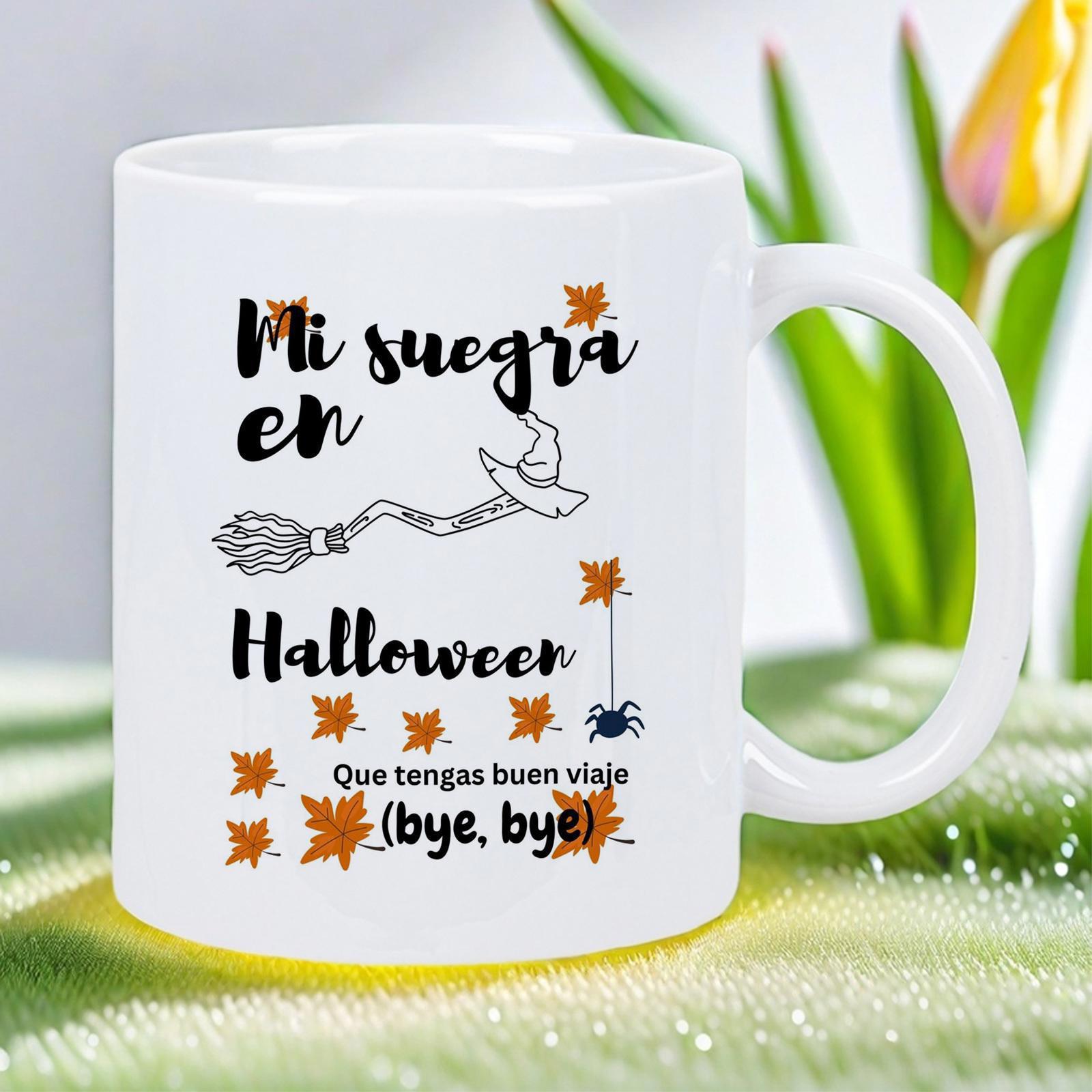 Tailorly White Ceramic 11 oz Mug - Halloween Bye Bye Enchanted Witch Hat Resting On Magic Wooden Flying Broom
