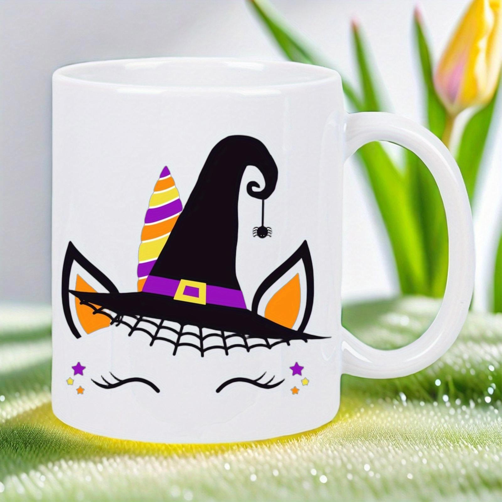 Tailorly White Ceramic 11 oz Mug - Halloween Theme With Witch Hat And Colorful Horn Among Stars Spooky Unicorn