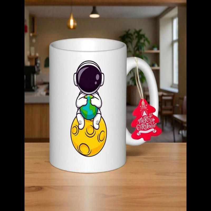 Tailorly White Ceramic 11 oz Mug - Cute Cartoon Character Sitting On Yellow Cratered Moon Holding Blue Earth Astronaut