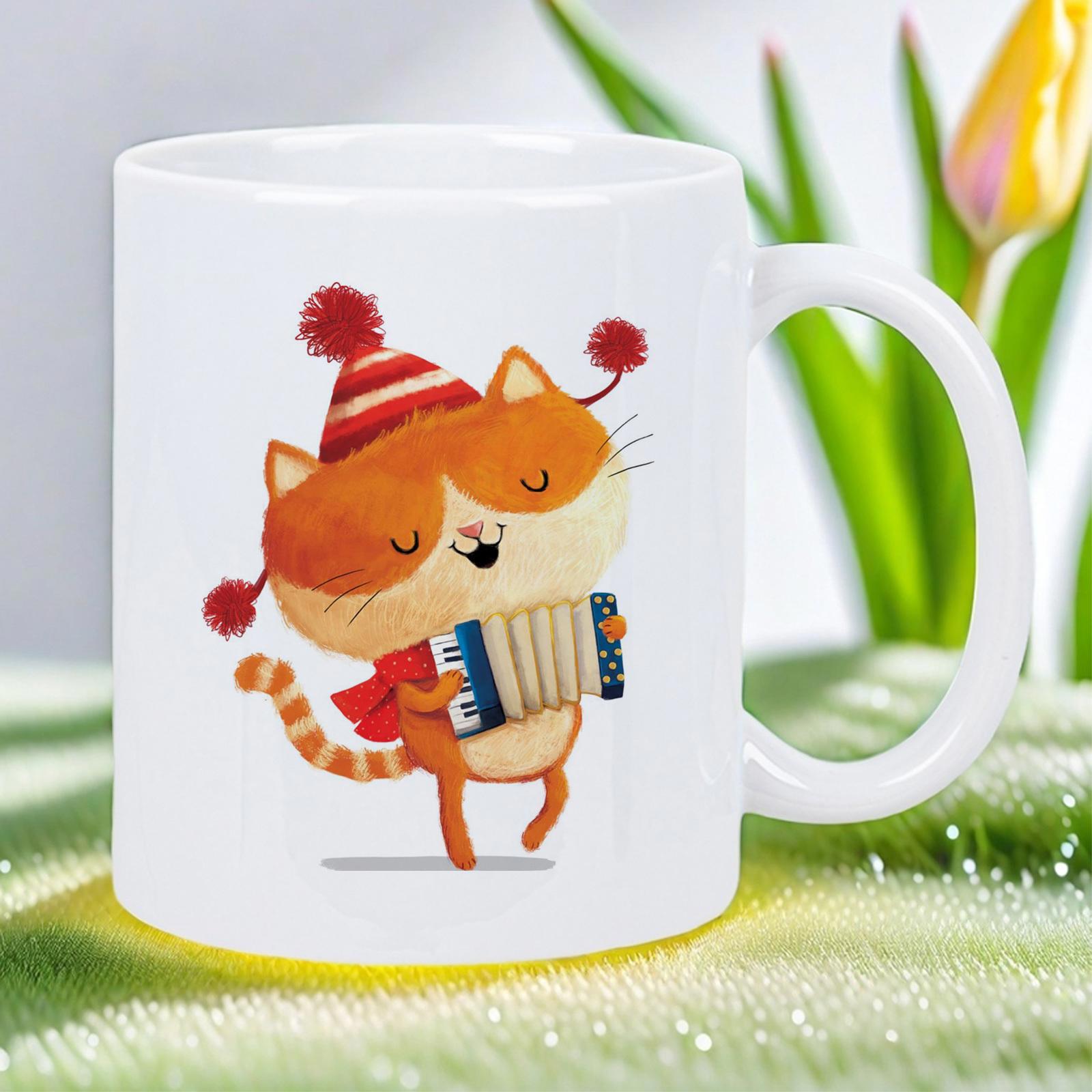 Tailorly White Ceramic 11 oz Mug - Cute Orange Ginger Cat Wearing Winter Hat Playing Accordion Cat