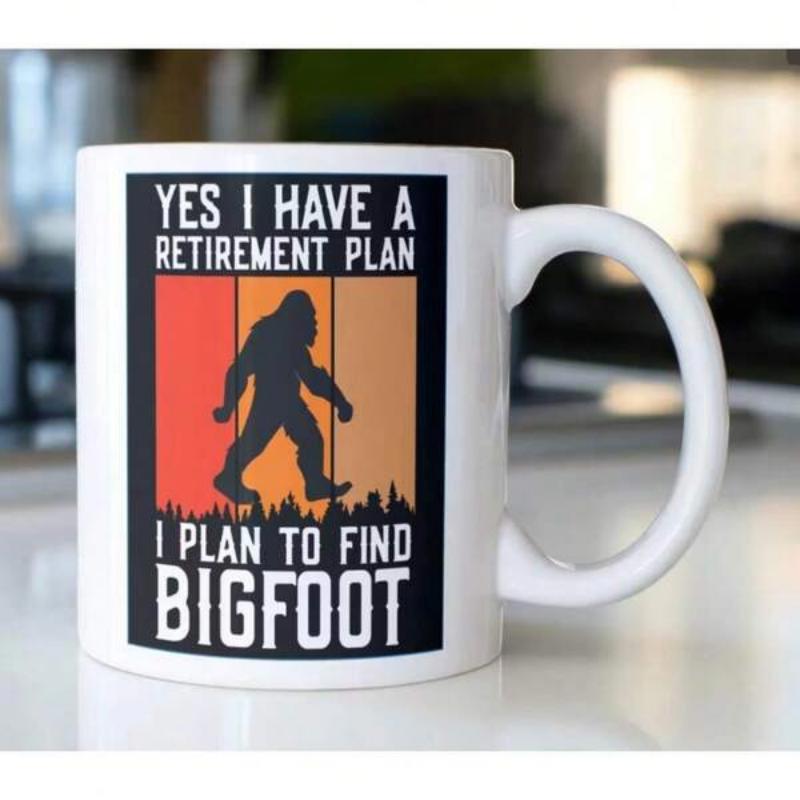 Tailorly White Ceramic 11 oz Mug - Yes I Have A Retirement Plan I Plan To Find Bigfoot Retro Sunset Silhouette Walking Through Woods With Orange And Brown Stripes