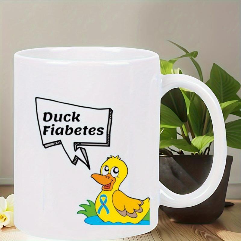 Tailorly White Ceramic 11 oz Mug - Duck Fiabetes Cute Yellow Cartoon Swimming In Pond Wearing Blue Ribbon Duck