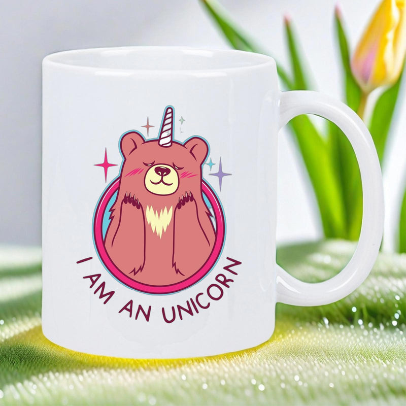 Tailorly White Ceramic 11 oz Mug - I Am An Unicorn Adorable Pink Cartoon Character With Magical Horn And Sparkles Bear