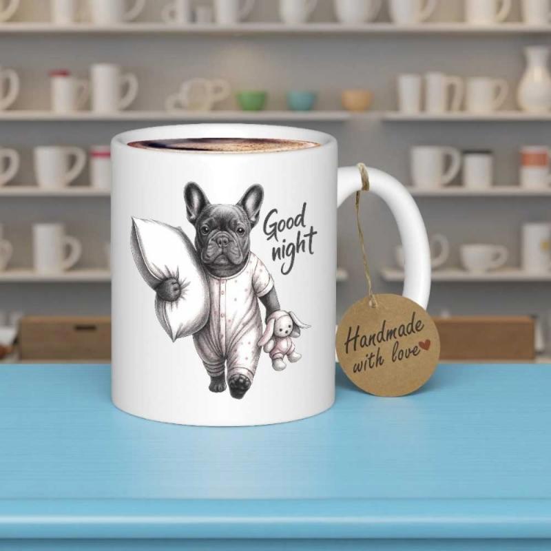 Tailorly White Ceramic 11 oz Mug - Good Night Sleepy French Bulldog Wearing Pajamas Carrying Pillow And Stuffed Animal Dog